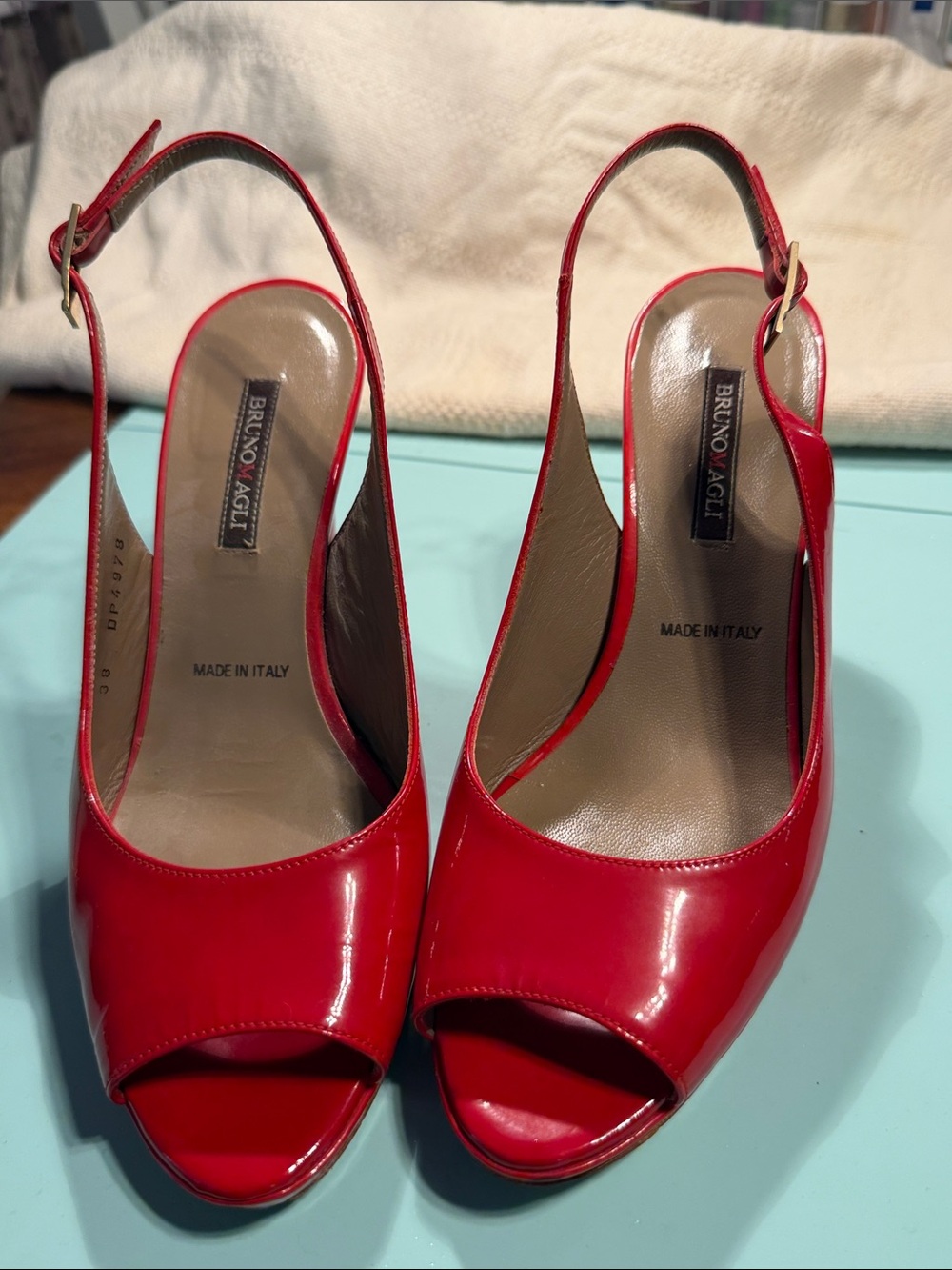 Bruno Magli Red Patent Leather Peep-Toe Slingback Heels
